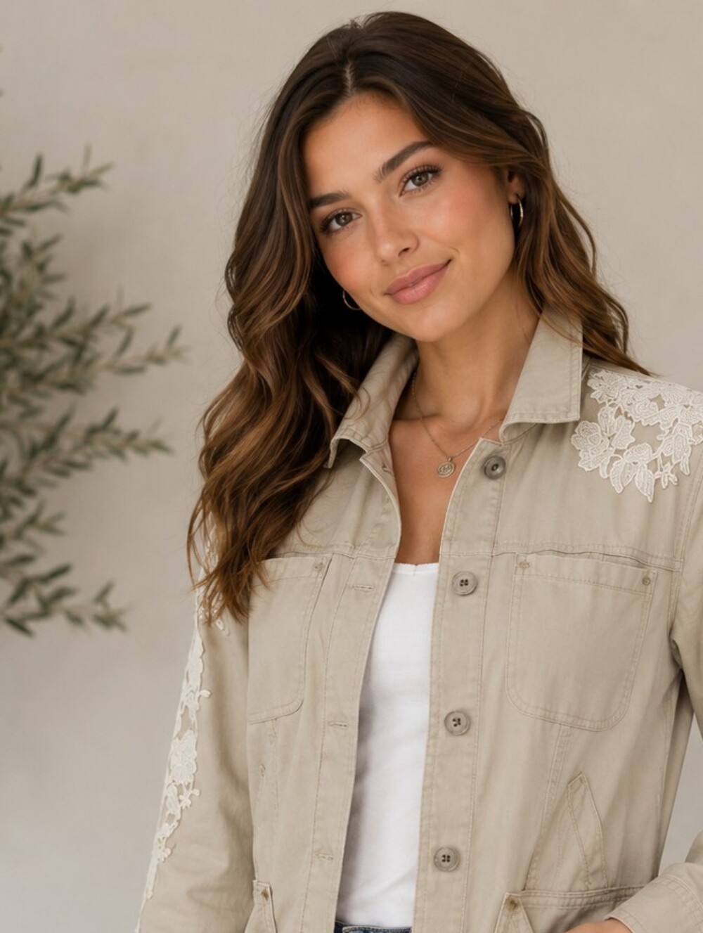 Chico's Lace Applique Utility Tan Jacket. Sz.Small.